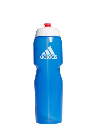 Blue Adidas sports water bottle with white screw cap and red push-pull spout on a white background.