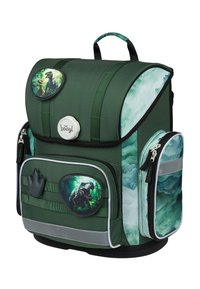 Zaino di tessuto verde con pattina, caratterizzato da toppe a tema dinosauri, tasche con zip e un design testurizzato. Dettagli argentati e spallacci neri.