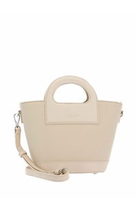 Sac à main en cuir beige avec deux poignées et une bride réglable et amovible. Surface texturée avec une forme rectangulaire et une quincaillerie minimale.