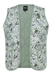Gilet trapuntato in tonalità verdi, con un motivo floreale bianco e azzurro chiaro. Include due tasche frontali e un design aperto.