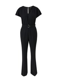 Combinaison noire à manches courtes avec col en V, taille élastique, ceinture à boucle argentée et pantalon à jambes droites.