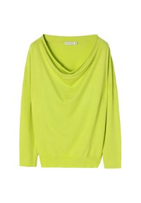 Maglione verde a collo alto realizzato in tessuto morbido. Presenta maniche lunghe, vestibilità ampia e orlo a coste. Design semplice, colore solido e vibrante.