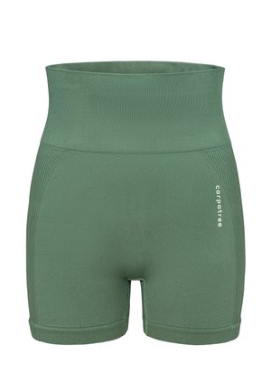 Zaļi sporta šorti ar augstu jostasvietu, izgatavoti no teksturēta auduma, ar mazu logotipu uz sāniem un plakaniem šuvēm komfortam.