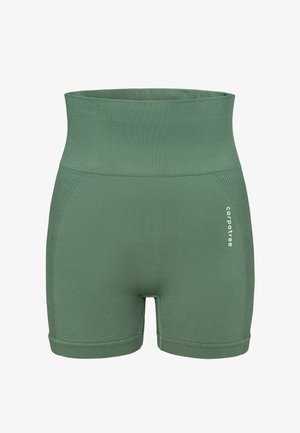 Shorts verts taille haute en tissu extensible. Ils présentent une ceinture côtelée et des détails latéraux, avec le logo 'carpatree' sur le devant.