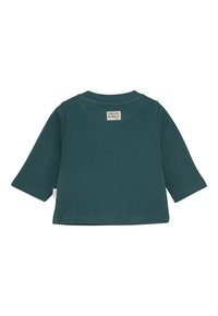 Grünes Langarmhemd aus strukturiertem Stoff, mit einem runden Ausschnitt, geradem Saum und einem kleinen Etikett auf der Rückseite.