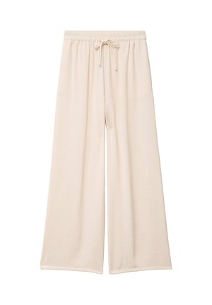 Pantalon beige à jambes larges avec taille élastique et cordon de serrage, fabriqué en tissu léger pour un ajustement décontracté et confortable.