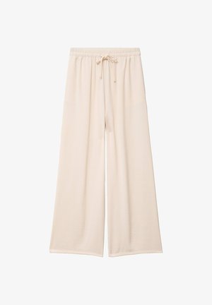 Beige broek met wijde pijpen, elastische tailleband en trekkoord, gemaakt van lichtgewicht stof voor een ontspannen pasvorm en comfort.