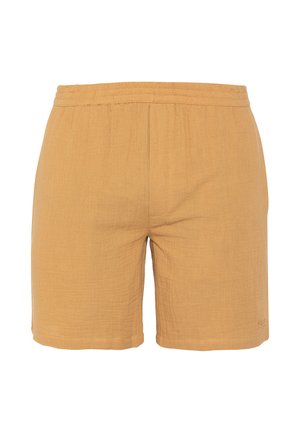 Shorts décontractés marron clair avec une taille élastique et une texture subtile, longueur au genou sans poches apparentes ni décorations.
