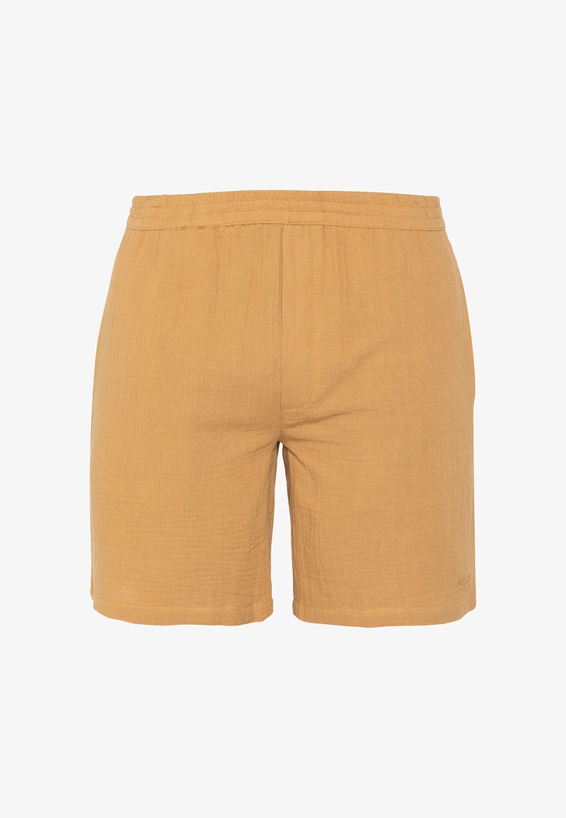 Shorts décontractés marron clair avec une taille élastique et une texture subtile, longueur au genou sans poches apparentes ni décorations.
