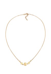 Collana in metallo dorato con una delicata catena e cinque pendenti circolari testurizzati, alternati in dimensione, con piccoli accenti tra di essi.