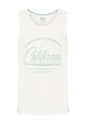 Weißes Baumwoll-Tanktop mit rundem Halsausschnitt und hellmintgrünem grafischem Text, der "Santa Monica Beach California" und "Seit 1993" zeigt.