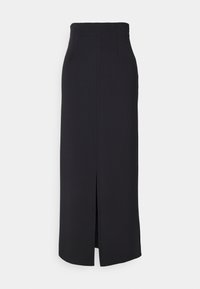 Svart pennkjol i texturerad tyg, med hög midja, lång längd och sidoflik. Utsmyckad med vertikala sömmar.