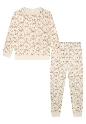 Sæt bestående af en lysbeige bomuldssweatshirt og -bukser med et all-over print af brune bjørne, rund halsudskæring og ribbede manchetter og talje. Blød tekstur.