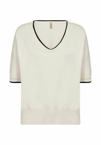 Cream-colored knit top with a V-neck, short sleeves, black trim on the neckline and cuffs, and a relaxed fit. Soft texture, casual design.
