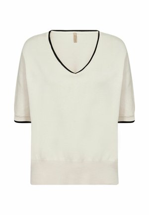 Cream-colored knit top with a V-neck, short sleeves, black trim on the neckline and cuffs, and a relaxed fit. Soft texture, casual design.