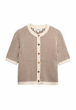 Korte mouwen, geribbelde cardigan in crème en bruin, met een ronde hals, vijf knopen aan de voorkant en een contrasterend textuurpatroon.