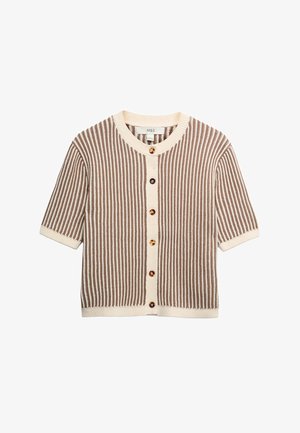 Korte mouwen, geribbelde cardigan in crème en bruin, met een ronde hals, vijf knopen aan de voorkant en een contrasterend textuurpatroon.