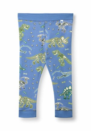 Sinised laste retuusid roheliste ja valgete dinosauruste skeletite ja luude mustriga üle kogu pinna.