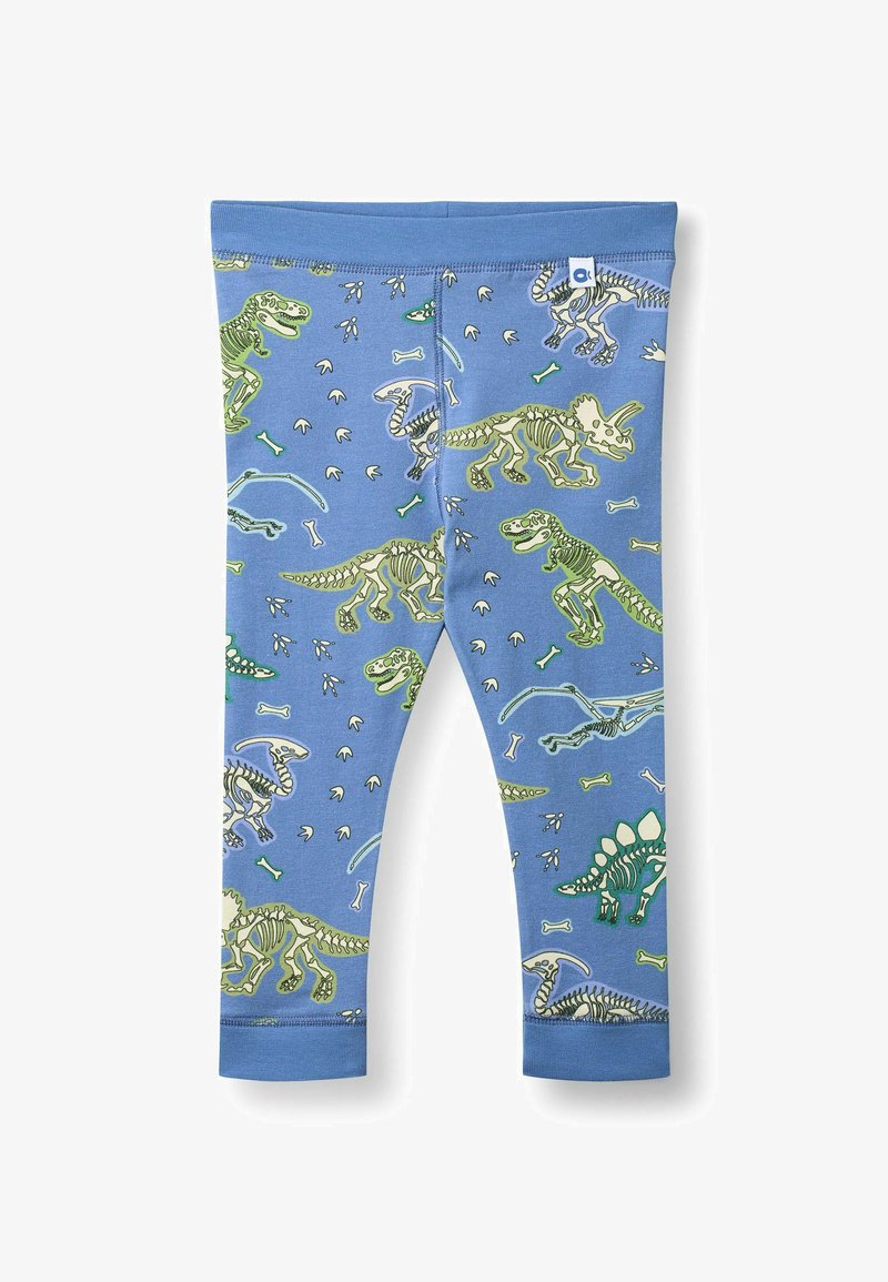 Leggings bleus pour enfants avec un motif de squelettes et d'os de dinosaures verts et blancs partout.