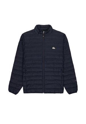 Marineblaue gesteppte Jacke mit Frontreißverschluss, Stehkragen, elastischen Bündchen und einem kleinen Logo-Patch auf der linken Brust.