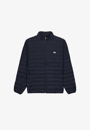 Marineblauwe gewatteerde jas met ritssluiting aan de voorkant, staande kraag, elastische manchetten en een klein logo detail op de linkerkant van de borst.