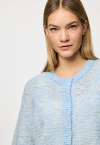 Gaiši zila adīta džemperis ar faktūru, ar apaļu dekoltē un trīs pogu aizdari priekšpusē.