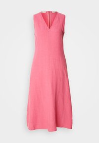 Rosa ärmelloses Kleid mit V-Ausschnitt, aus Leinenstoff gefertigt. Verfügt über einen Reißverschluss an der Rückseite und eine fließende A-Linien Silhouette. Glatte Textur.