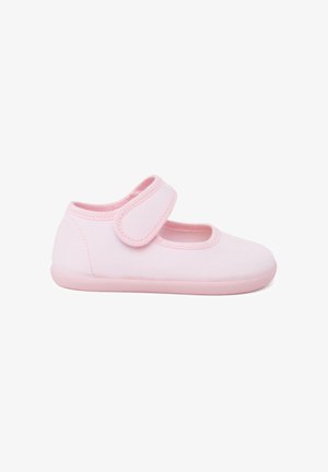 Helle rosa Leinenschuhe mit abgerundeter Spitze, flacher Sohle und verstellbarem Klettverschluss für eine einfache Anpassung. Glatte Textur ohne Muster.