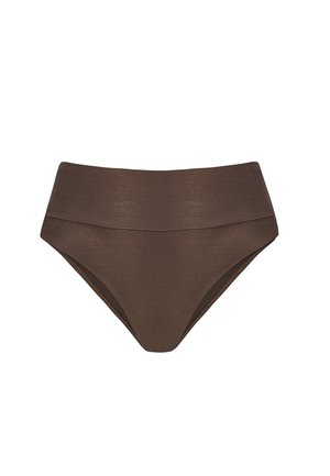 Ciemnobrązowe, prążkowane majtki bikini z wysokim stanem, szerokim, podwijanym pasem i wycięciami przy nogawkach sięgającymi wysoko.