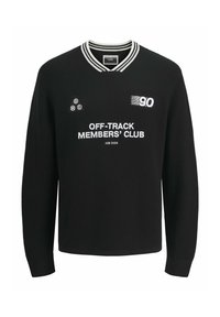 Sort struktureret pullover med rund hals, hvide ribbede detaljer og trykte elementer, herunder "OFF-TRACK MEMBERS' CLUB" og grafiske elementer.