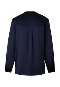 Marineblauw shirt met lange mouwen, een gladde textuur, een aangeknipte naad aan de achterkant en zijopeningen bij de manchetten voor extra detail.