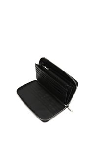 Black leather wallet with a zip closure, featuring multiple card slots, a central compartment, and a smooth texture.