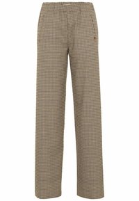 Pantalon à jambe droite à motif pied-de-poule marron et beige, avec poches latérales et taille élastique.