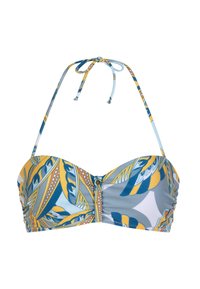 Bikini-top met padded cups, meerkleurig geometrisch patroon in blauw, geel en grijs, halterneck ties en een detail met een knop in het midden.