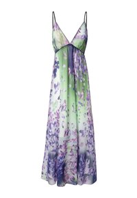 Abito maxi fluido in tessuto leggero e trasparente con una stampa floreale nei colori verde, viola e bianco, caratterizzato da sottili spalline regolabili e scollatura a V.