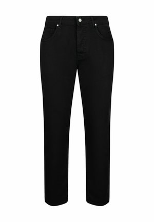 Črne jeans hlače s naravnim krojem nogavic, petimi žepi in kovinskimi elementi na pasu. Gladka, enotna tekstura po vsej površini.