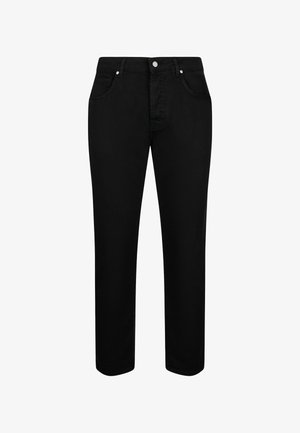 Fekete farmernadrág, egyenes szabással, öt zsebes stílussal és fém kiegészítőkkel a derékon. Simább, egységes textúrájú az egész anyag.