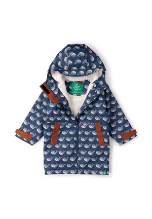 Children’s navy blue hooded jacket with whale pattern, brown accents, zipper front, and white fleece lining.