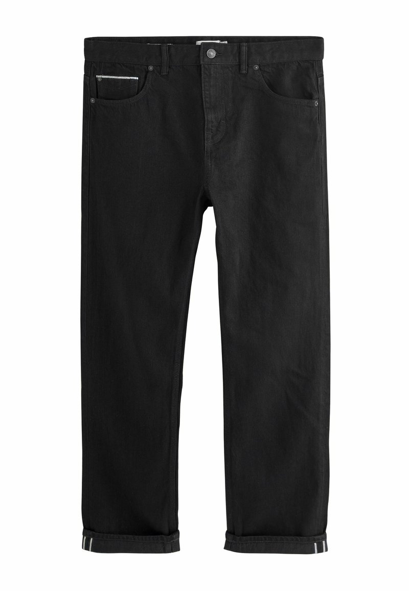 Svarta jeansbyxor i denim med rak benmodell, utrustade med en framficka med metallblixtlås och uppvikta fållar med diskret randdetalj.