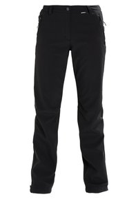 Pantalons noirs d'extérieur en tissu durable, présentant une coupe droite, des poches zippées et une fermeture à bouton au niveau de la taille.