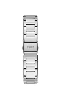 Correa de reloj de acero inoxidable con eslabones rectangulares y acabado pulido. Presenta un cierre con el logo "GUESS" grabado. Color plateado en toda su extensión.