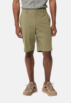 Khaki shorts with a relaxed fit, featuring front pockets and a smooth texture, paired with light tan hiking shoes.