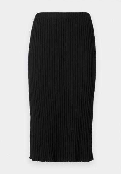 Melna midi svārki ar vertikālām krokām, elastīgu jostasvietu un sānu šķēlumu. Izgatavoti no elastīga auduma, gludas tekstūras un pieguļošs dizains.