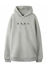 Grijze hoodie gemaakt van zachte stof met een kangoeroezak. Heeft een capuchon met trekkoord en zwarte tekst met de tekst "EASY STREETWEAR INDUSTRIES."