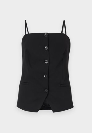 Haut noir sans manches avec un décolleté droit, six boutons sur le devant et deux poches latérales. Confectionné dans un tissu lisse avec une coupe ajustée.