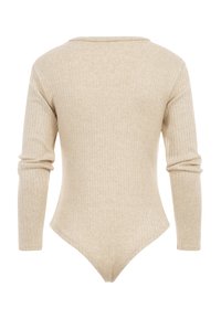 Body beige côtelé à manches longues avec un col arrondi, une silhouette ajustée et un bas style string.