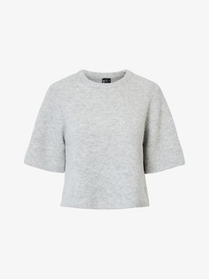 Maglione grigio a maniche corte realizzato in tessuto a maglia strutturata, con scollo rotondo e design corto. Nessun motivo o dettaglio visibile.