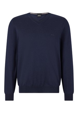 Navy-V-Ausschnitt-Pullover aus feiner Strickware, mit langen Ärmeln, gerippten Bündchen und Saum sowie einem dezenten Logodetail auf der Brust.