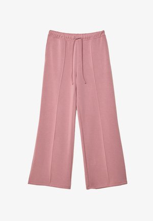 Różowe spodnie z szerokimi nogawkami, z elastycznym pasem i sznurkiem do ściągania, z pionowymi szwami wzdłuż przodu każdej nogawki.