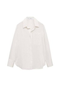 White button-up shirt with light vertical stripes, a collar, long sleeves, and a front pocket. Soft fabric with a smooth texture.